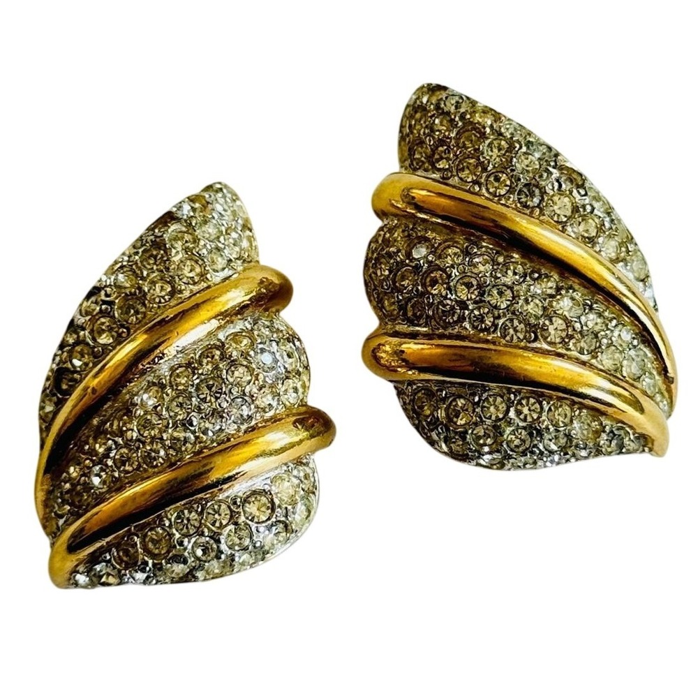 St. John SJ Crystal rhinestone Clip Earrings VTG Jeweled Regal Gold Designer 80s
